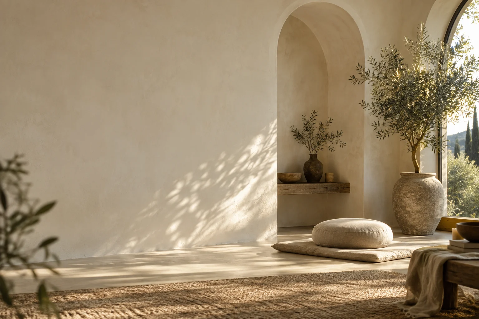 A sunlit meditation room with a linen cushion and olive tree